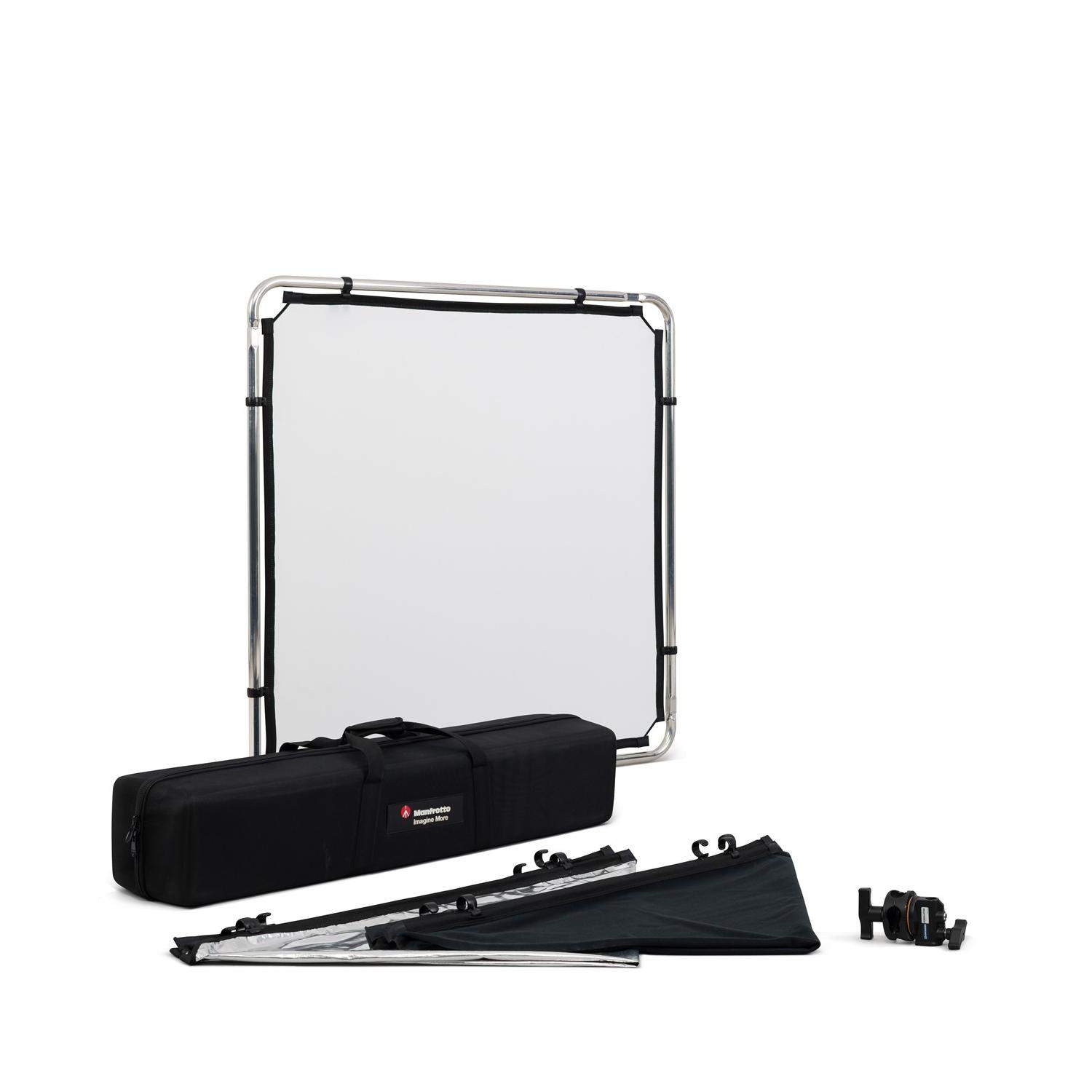 Manfrotto MLLC1101K (Pro Scrim All-In-One 1.1x1.1m) | Rama butterfly, tkanina czarna i dyfuzyjna -1.25EV, blenda Silver/White Ma
