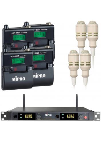 MIPRO ACT-5814A / 4x ACT-580T / 4x MU-53LS | Zestaw cztery mikrofony bezprzewodowe krawatowe lavalier, odbiornik rack 1U