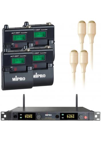 MIPRO ACT-5814A / 4x ACT-580T / 4x MU-55LS | Zestaw cztery mikrofony bezprzewodowe krawatowe lavalier, odbiornik rack 1U