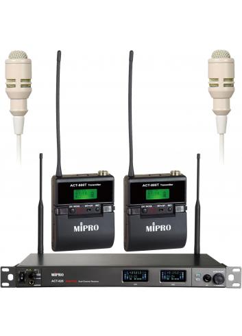 MIPRO ACT-828 / 2x ACT-800T / 2x MU-53LS | Zestaw dwa mikrofony bezprzewodowe krawatowe lavalier, odbiornik rack 1U