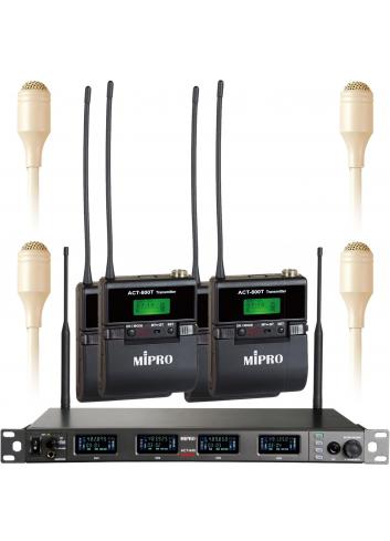 MIPRO ACT-848 / 4x ACT-800T / 4x MU-55LS | Zestaw cztery mikrofony bezprzewodowe krawatowe lavalier, odbiornik rack 1U