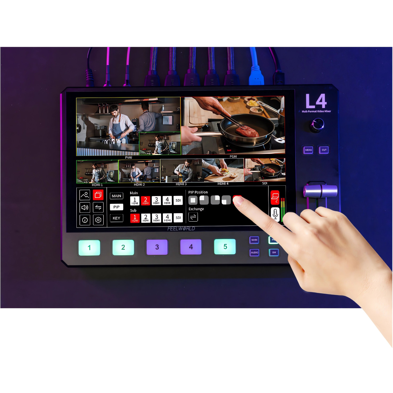 Feelworld L4 | Mikser wideo, 5-kanałowy 4x HDMI, 1x SDI, ekran 10.1", streaming USB Feelworld - 6