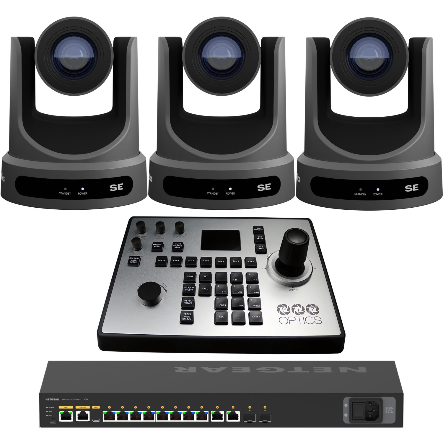 PTZOptics Move SE 20x 3 Full Bundle | Zestaw 3x Kamera PTZ Move SE 20x + Kontroler PT-JOY-G4 + Switch Netgear AV Line PoE+ PTZOp
