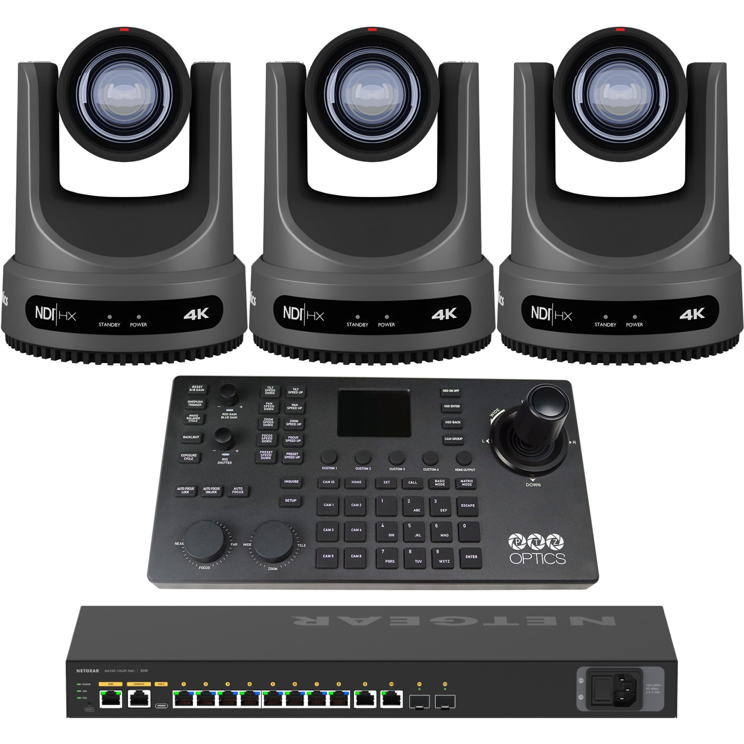PTZOptics Move 4K 30x 3 Full Bundle | Zestaw 3x Kamera PTZ Move 4K + Kontroler PTZOptics SuperJoy + Switch Netgear AV Line PoE+ 