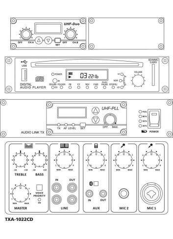 Monacor TXA-1022CD | System audio z podwójnym odbiornikiem UHF, Bluetooth, zasilaniem akumulatorowym, odtwarzaczem MP3, 1 x 10" 
