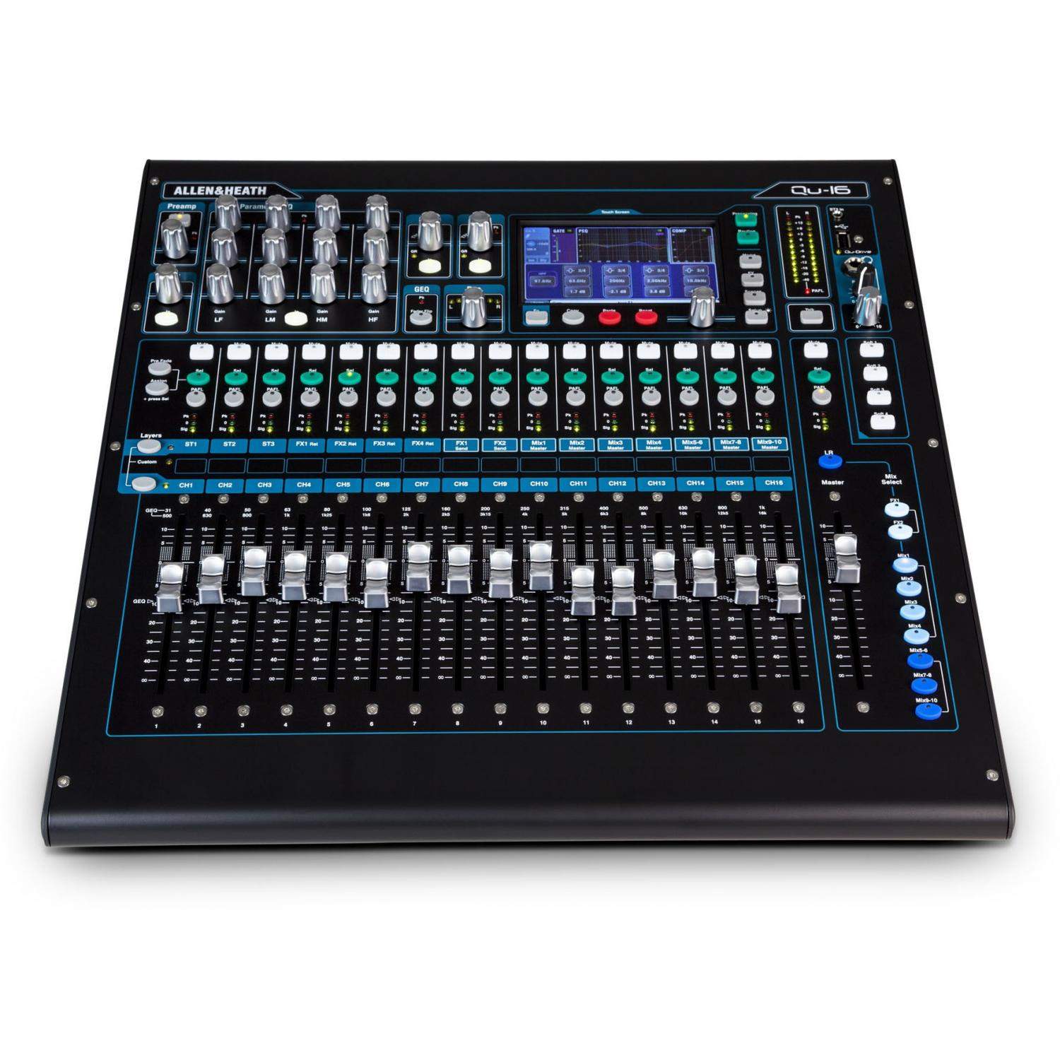 Allen & Heath Qu-16 | Mikser cyfrowy, 22 kanały, 16 wejść XLR, DSnake, zmotoryzowane tłumiki, procesor efektów, dotykowy ekran A