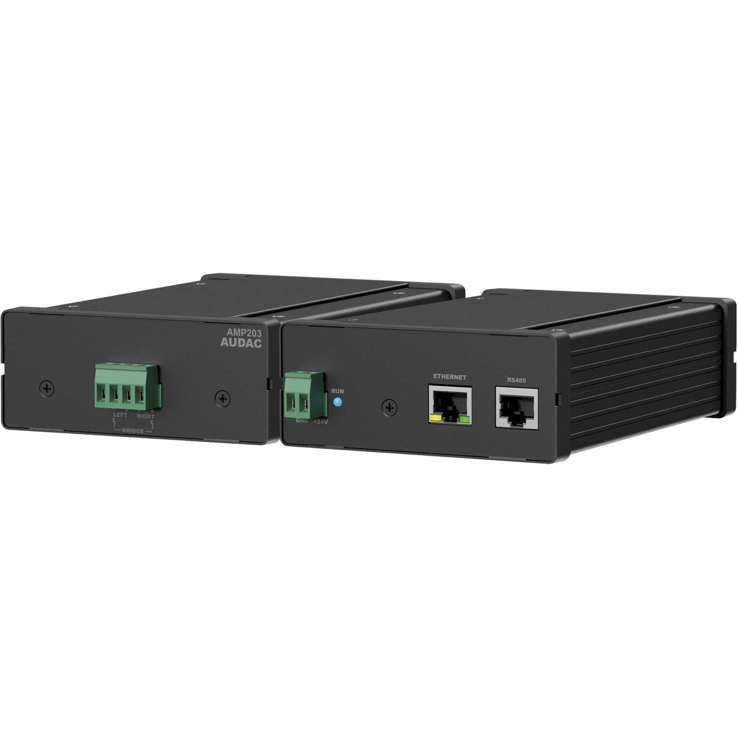 AUDAC AMP203 | 2-kanałowy wzmacniacz, Dante, DSP, 2x30W (4 Ohm), 1x60W (4 Ohm mostek), 2x30W (8 Ohm), 1x30W (8 Ohm mostek) AUDAC