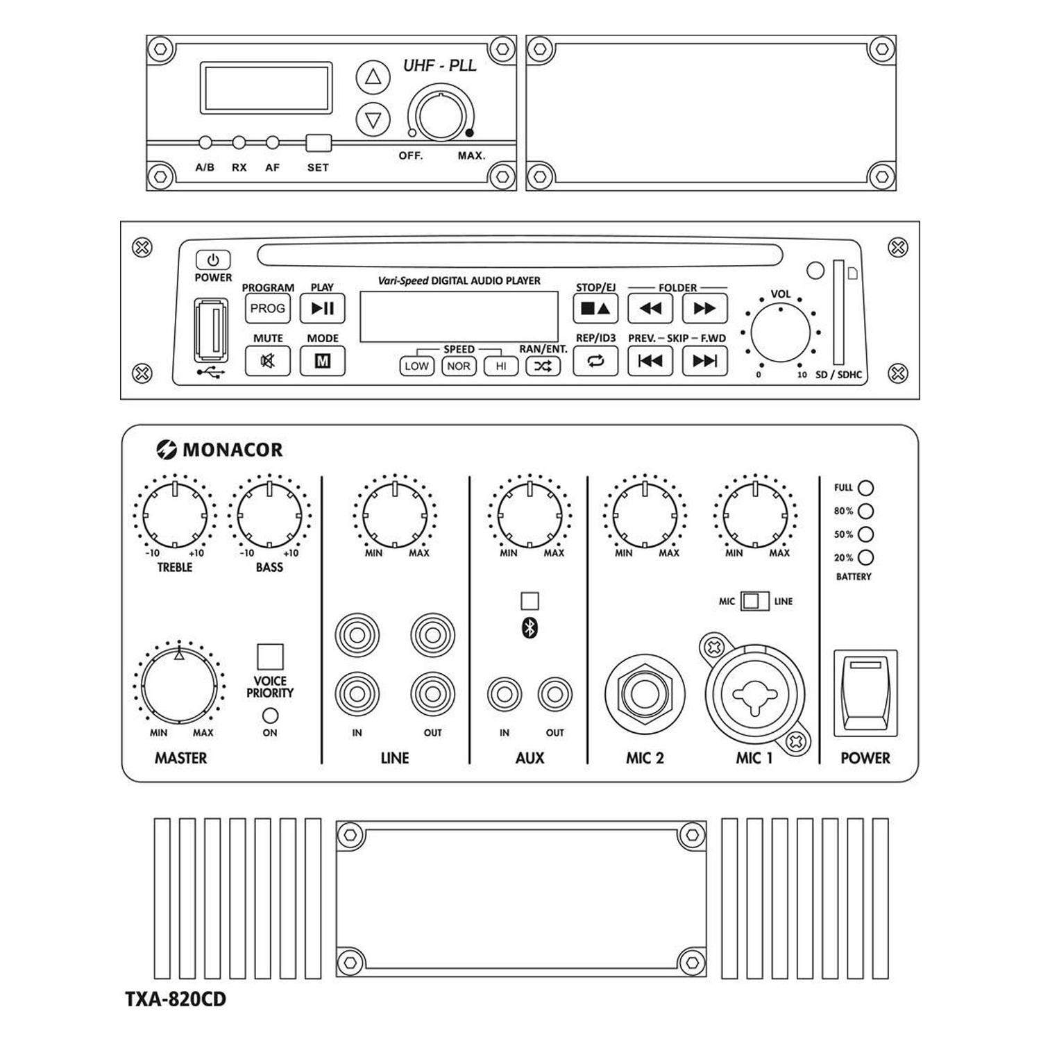 MONACOR TXA-820CD | Kolumna aktywna 8" z odbiornikiem UHF odtwarzaczem CD MP3 Bluetooth USB SD XLR Monacor - 2