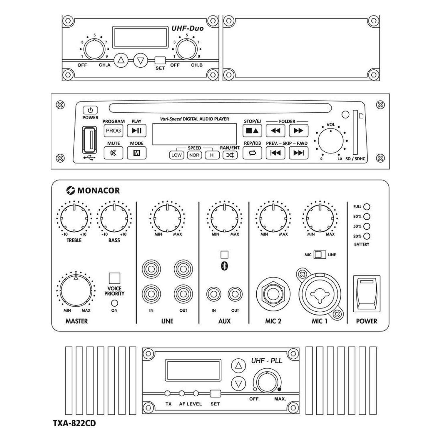 MONACOR TXA-822CD | Kolumna aktywna 8" z odbiornikiem UHF odtwarzaczem CD MP3 Bluetooth USB SD XLR Monacor - 2
